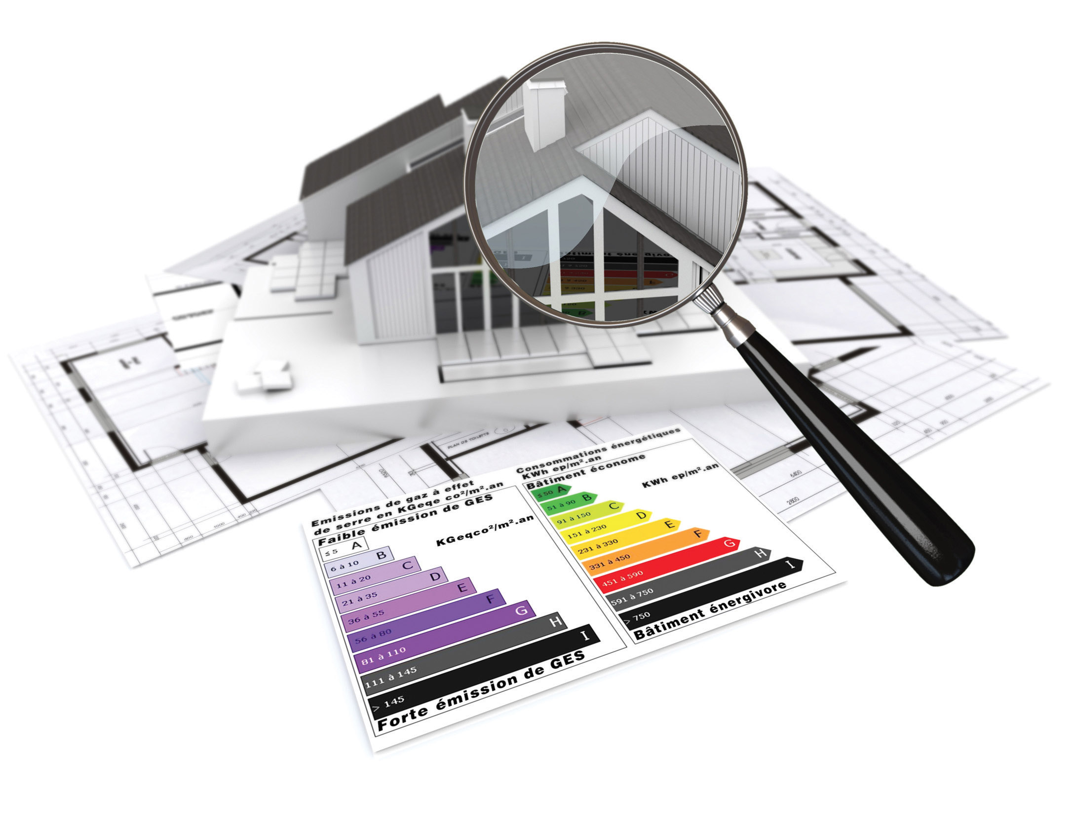 3D rendering of a house, on top of blueprints, with and energy efficiency rating chart and a magnifying glass
